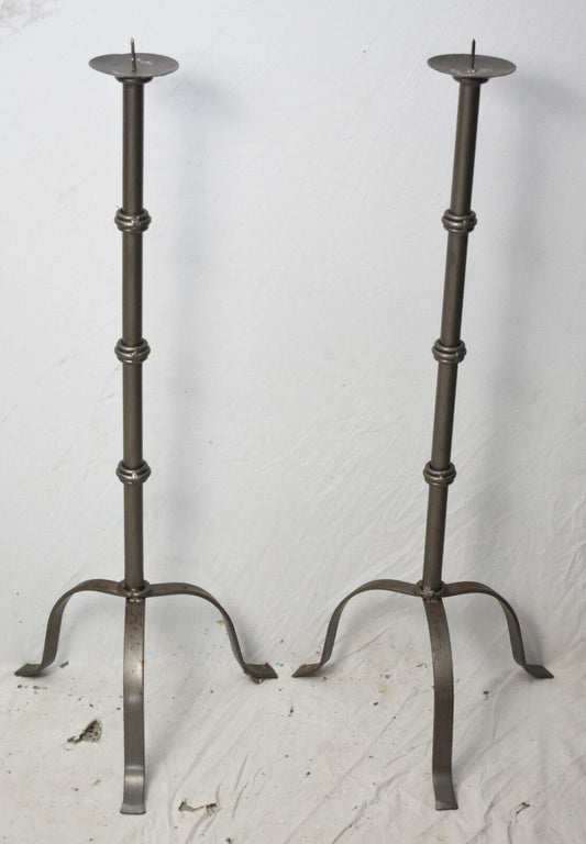 Pair of Hand Forged Wrought Iron Spiked Candlestick, Candle Holder Primitive