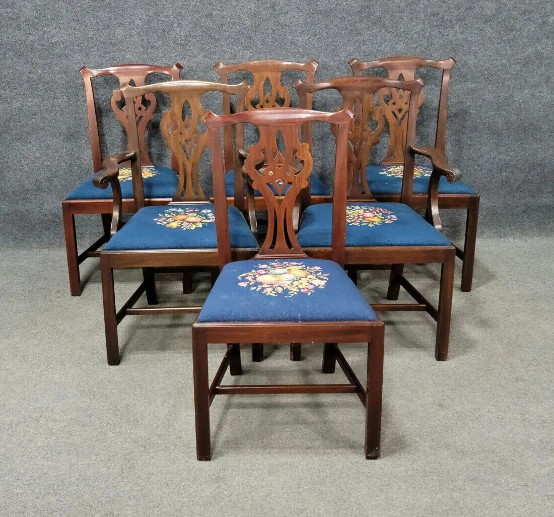 Set Of 6 HENKEL HARRIS Mahogany Dining Room Chairs Model 101 Needlepoint Fabric