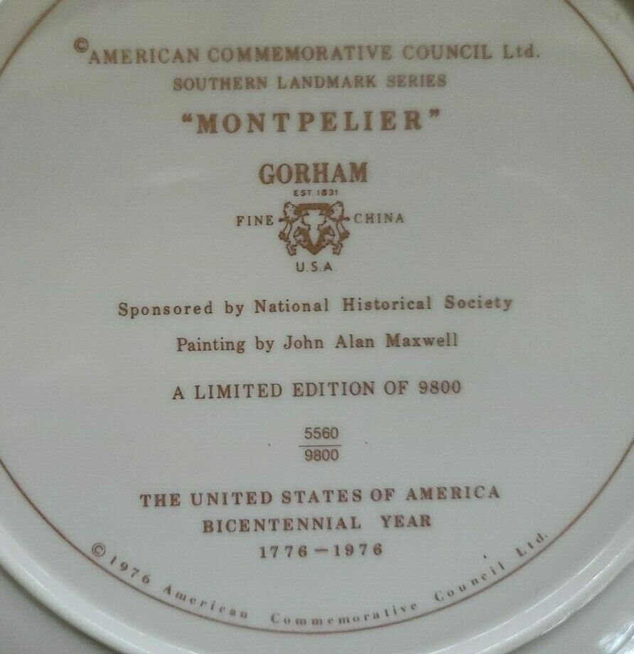 Gorham Bicentennial Collector Plate "Montpelier" Southern Landmark Series