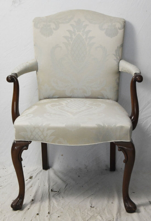 Hickory Chair Co. Mahogany Chippendale Arm Chair Silk Ivory Damask Fabric