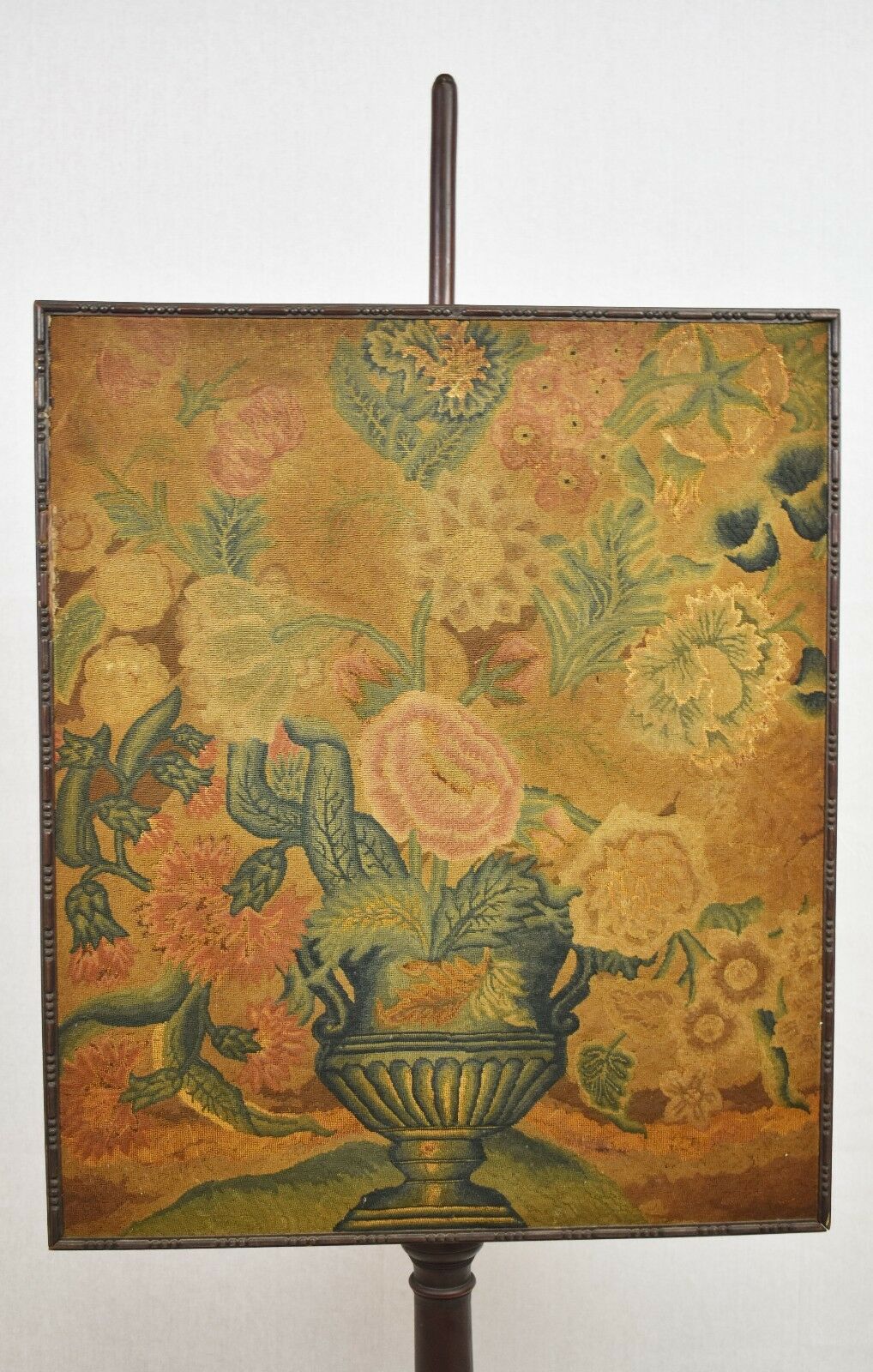 18th Century Floral Embroidery Mahogany Pole Fire Screen Williamsburg Style