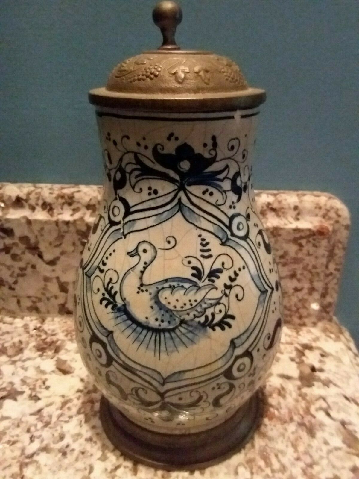 Antique FAIENCE Pewter Stein Nurnberg Circa 1720-1740 18th Century Delft Style