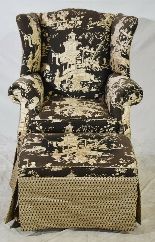 Baker Heritage Chippendale Wing Chair with Matching Ottoman Chinoiseries Fabric