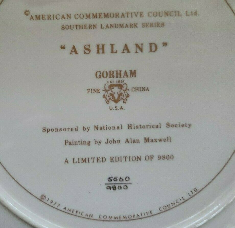 Gorham Collector Plate "Ashland" Southern Landmark Series Limited Edition