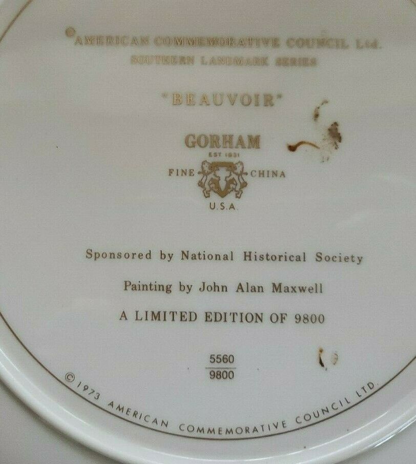 Gorham Collector Plate "Beauvoir" Southern Landmark Series Biloxi Mississippi