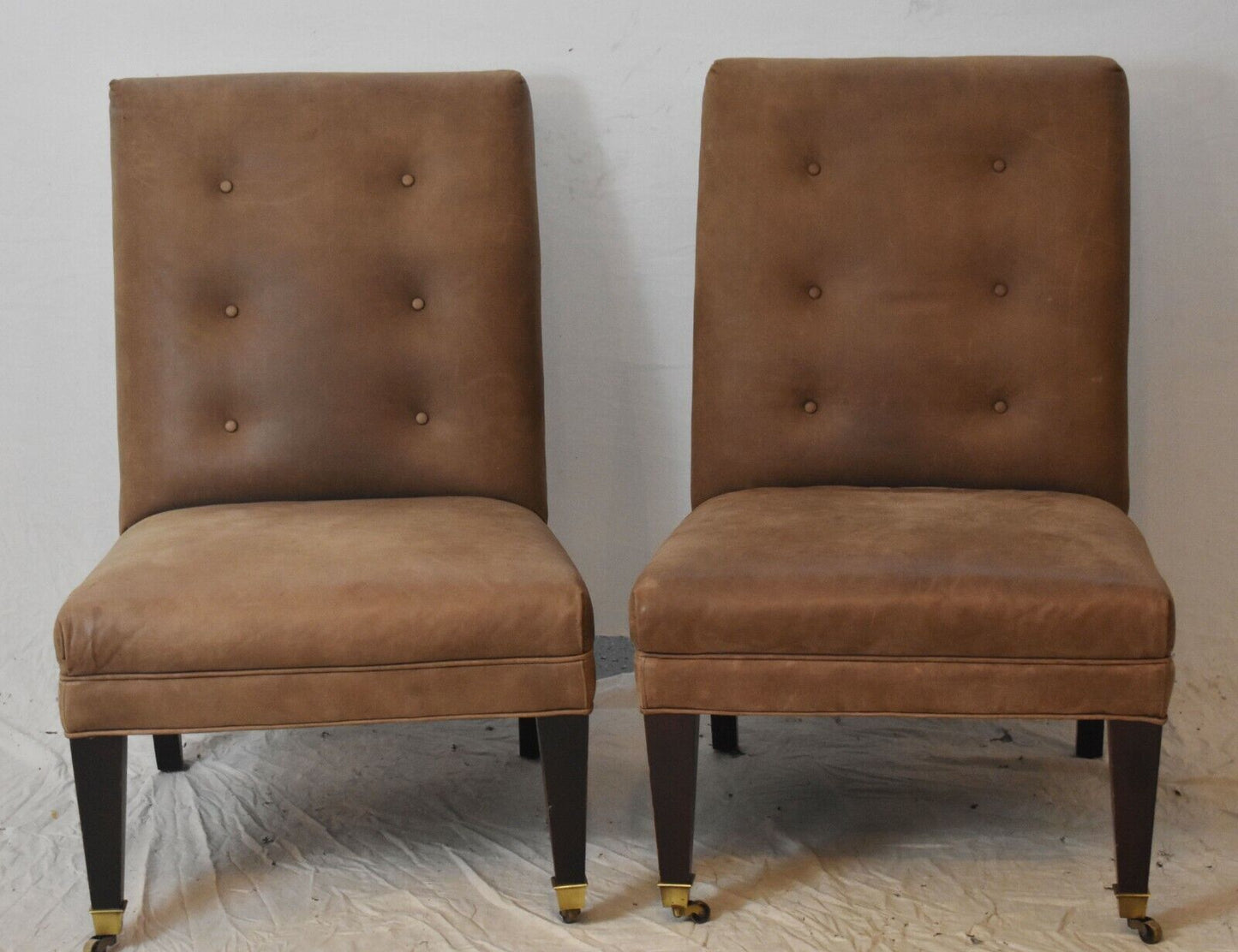 Baker Furniture Tullip & Crown Pair of Club Chairs Tufted Leather Upholstery