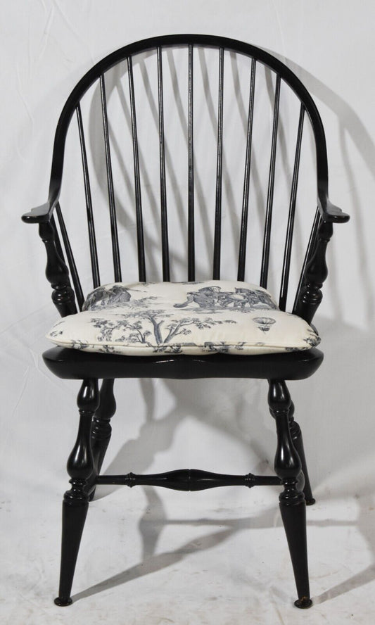 Black Continuous Arm Windsor Chair Bench Made w Toile Blue Chair Pad