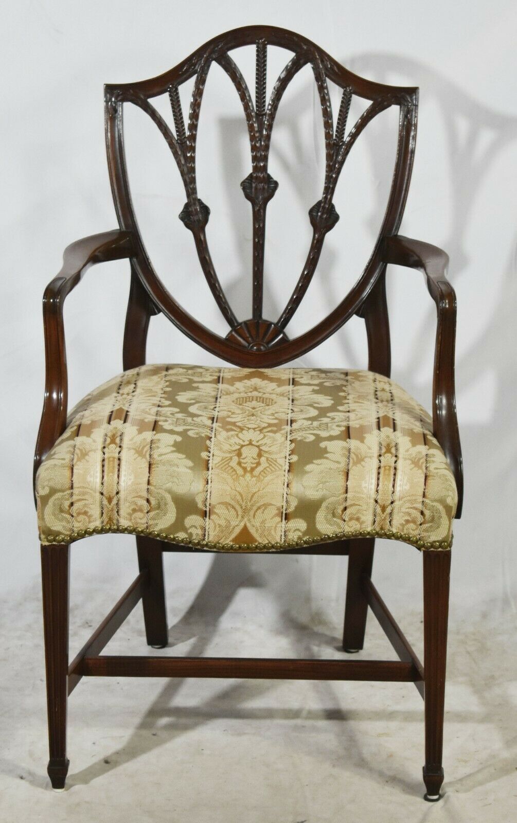 Set of 6 Charak Mahogany Federal Shield Back Chairs Striped Damask Bench Made