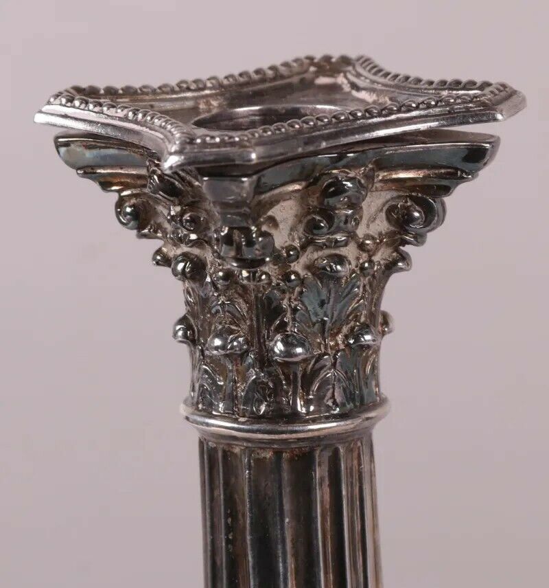 Pair Antique Corinthian Column Silver Plate Old Sheffield Candlesticks C. 1800