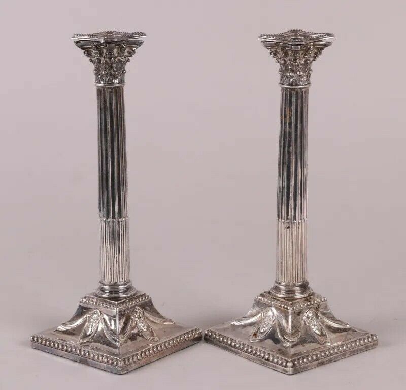 Pair Antique Corinthian Column Silver Plate Old Sheffield Candlesticks C. 1800