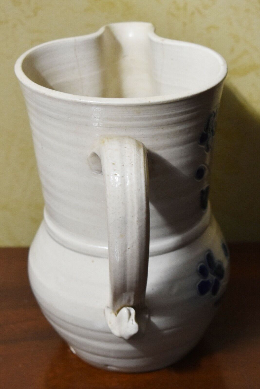 Williamsburg Style Salt Glazed Pottery Pitcher with Cobalt Blue Designs 7" Tall