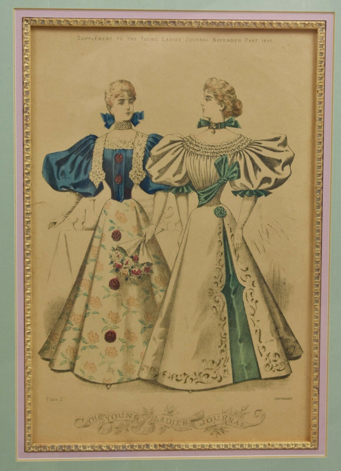 Pair Antique Hand-Colored Fashion Print 19th Century Young Ladies Journal Framed