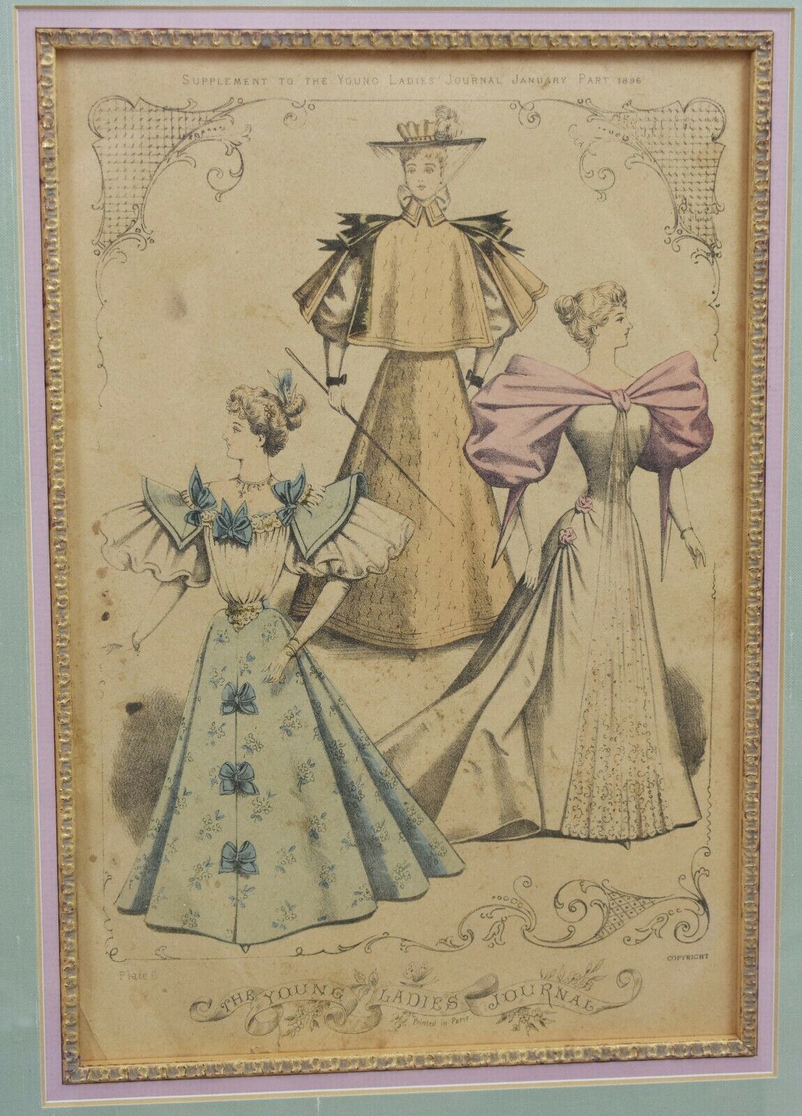 Pair Antique Hand-Colored Fashion Print 19th Century Young Ladies Journal Framed