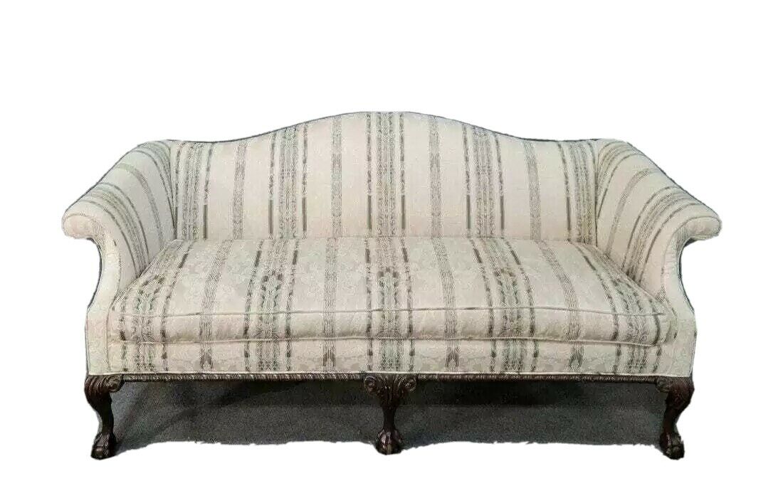 Mahogany Chippendale Style Camel Back Sofa Claws & Ball Stripped Damask Fabric