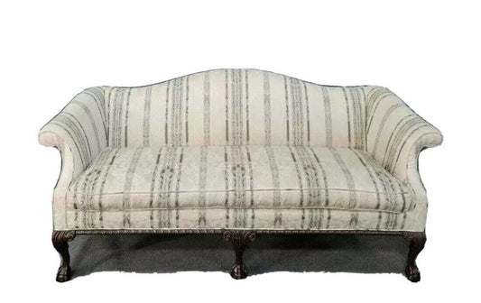 Mahogany Chippendale Style Camel Back Sofa Claws & Ball Stripped Damask Fabric