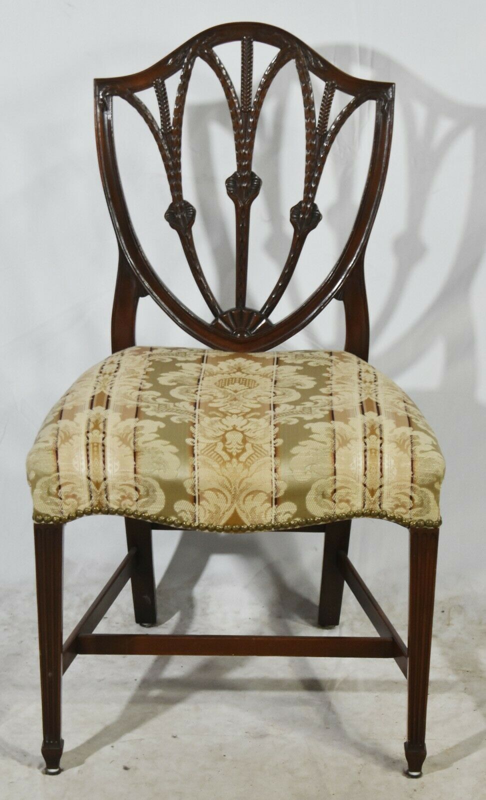 Set of 6 Charak Mahogany Federal Shield Back Chairs Striped Damask Bench Made