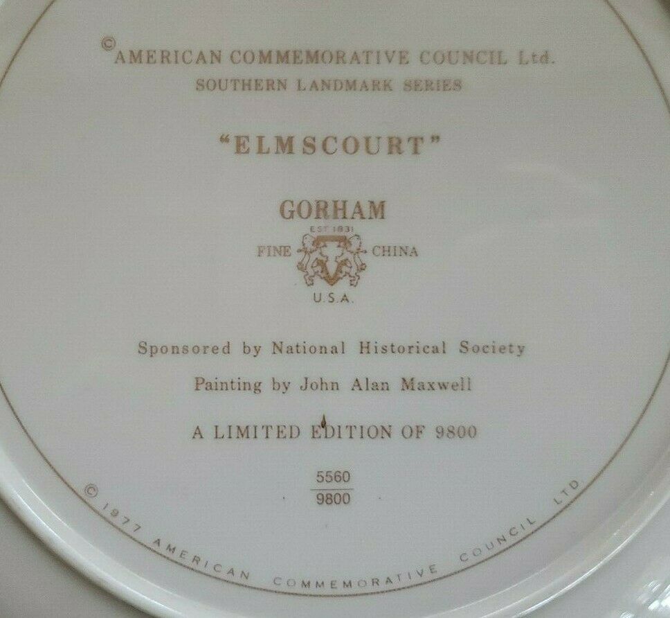 Gorham Collector Plate "ELMSCOURT" Southern Landmark Series Historic Natchez