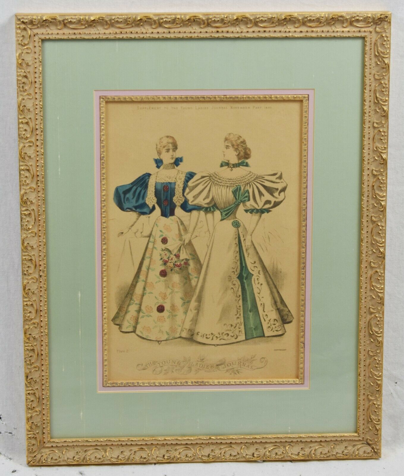 Pair Antique Hand-Colored Fashion Print 19th Century Young Ladies Journal Framed