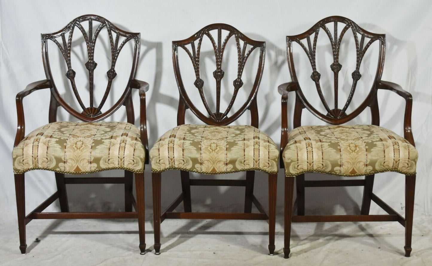 Set of 6 Charak Mahogany Federal Shield Back Chairs Striped Damask Bench Made