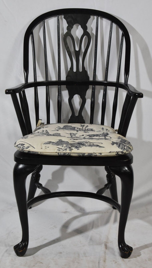 Black English Style Arm Windsor Chair Bench Made w Toile Blue Chair Pad