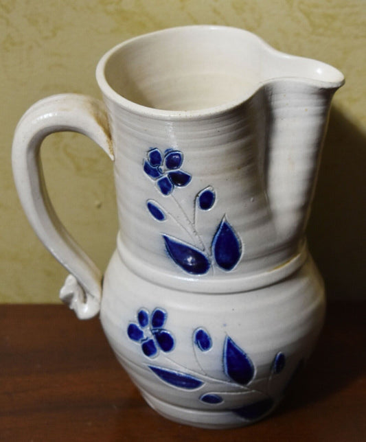 Williamsburg Style Salt Glazed Pottery Pitcher with Cobalt Blue Designs 7" Tall