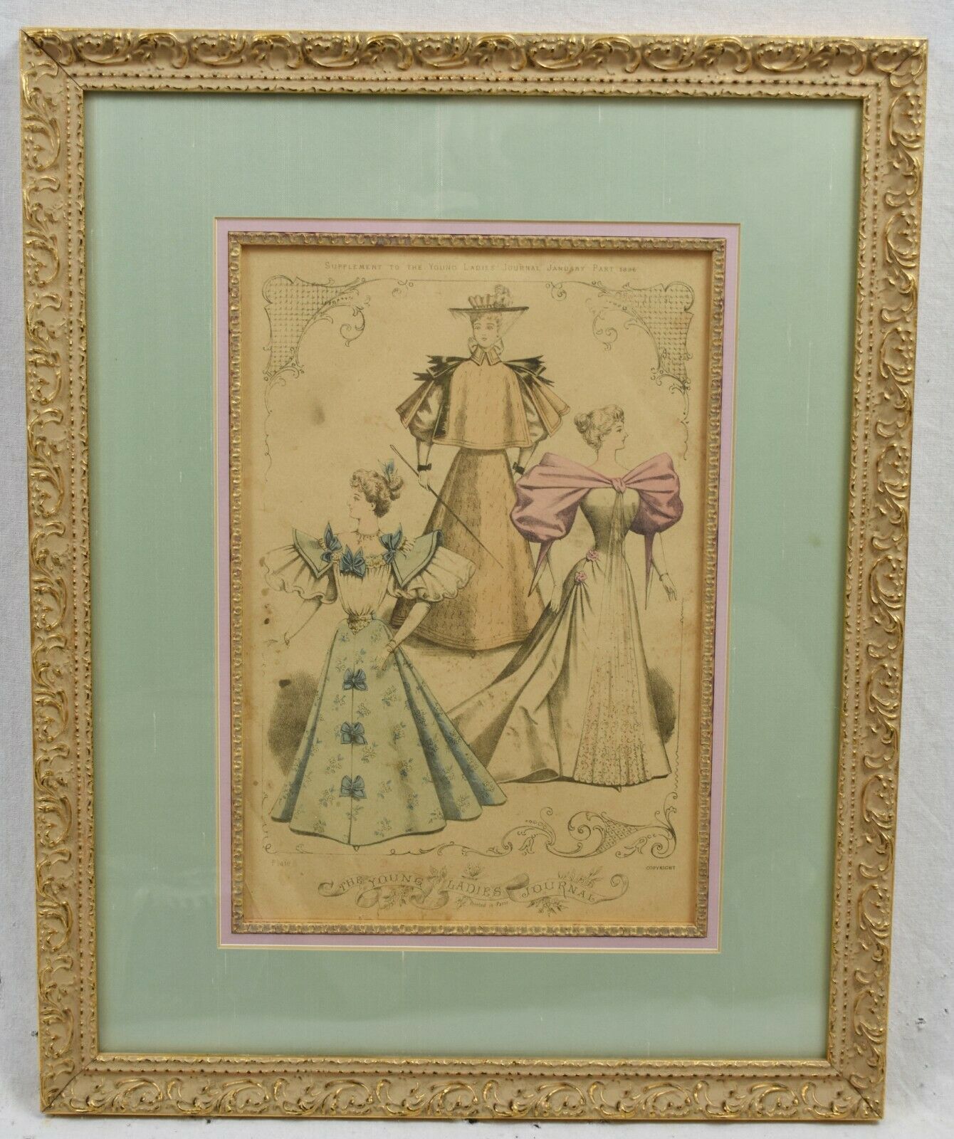 Pair Antique Hand-Colored Fashion Print 19th Century Young Ladies Journal Framed