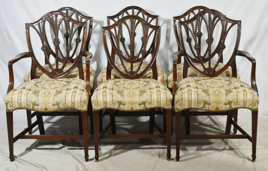 Set of 6 Charak Mahogany Federal Shield Back Chairs Striped Damask Bench Made