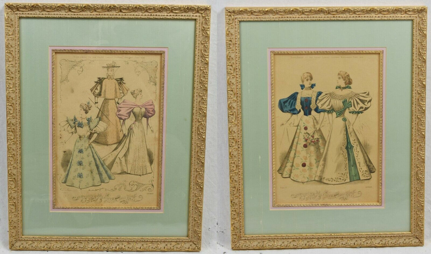 Pair Antique Hand-Colored Fashion Print 19th Century Young Ladies Journal Framed