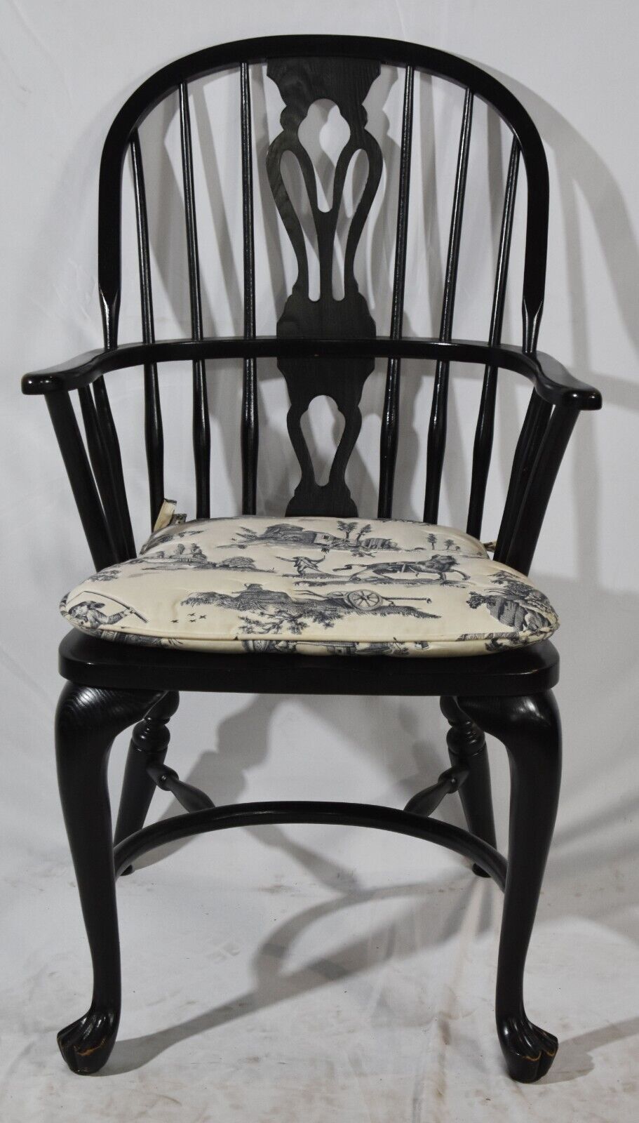 Black English Style Arm Windsor Chair Bench Made with Toile Blue Chair Pad