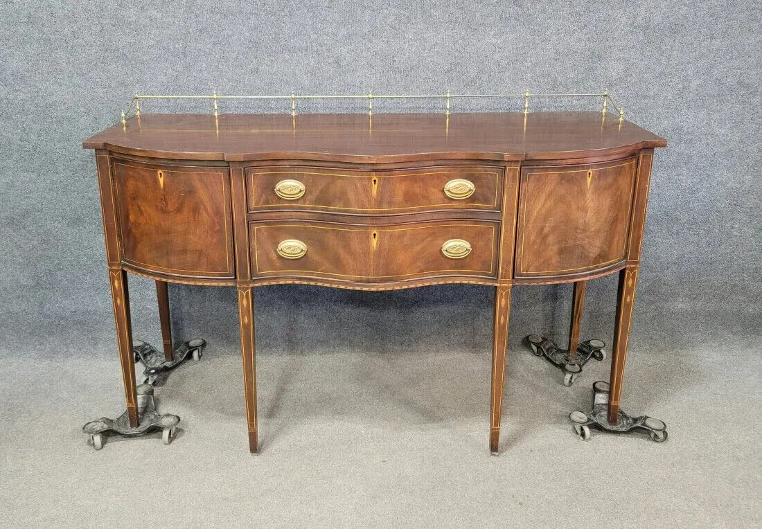 Henkel Harris Sideboard Buffet Flame Mahogany Inlays with Brass Gallery Rail