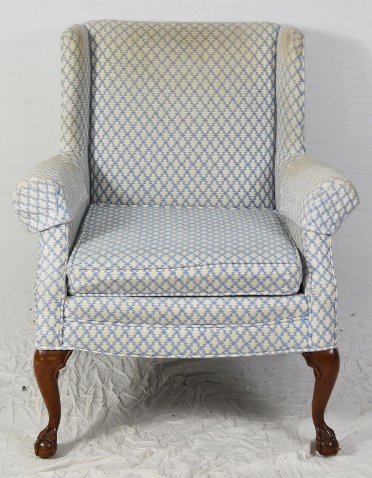 Mahogany Chippendale Style Wing Chair with Footstool Ottoman w Claw & Ball Feet