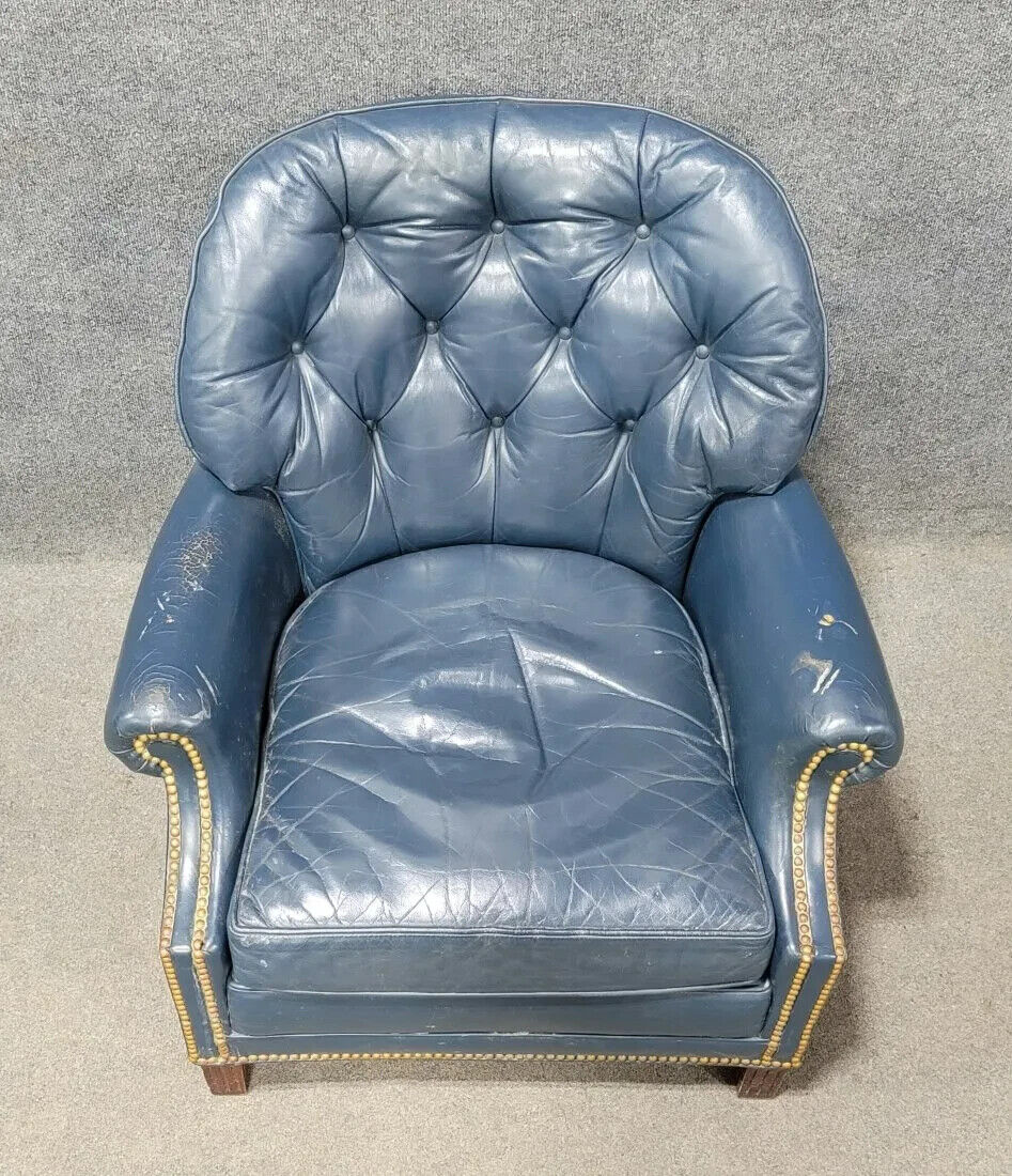 HANCOCK & MOORE Blue Tufted Leather Arm Chair with Brass Nailhead Trim