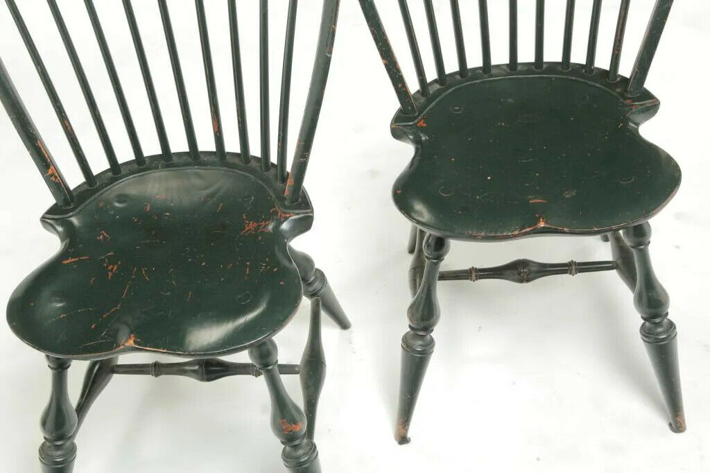 Pair of D.R. Dimes Bow Back Windsor Chair Bench Made Green Paint