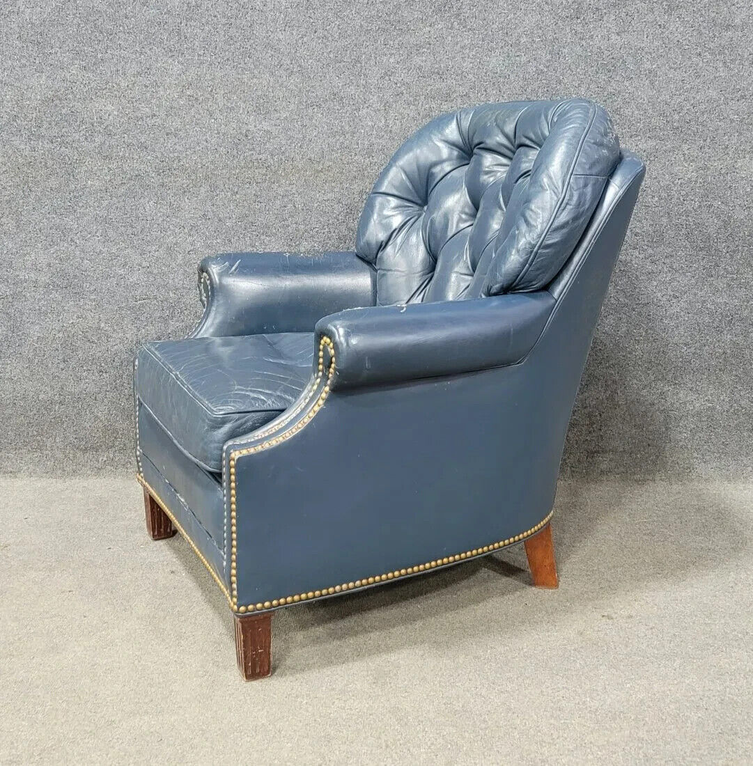 HANCOCK & MOORE Blue Tufted Leather Arm Chair with Brass Nailhead Trim