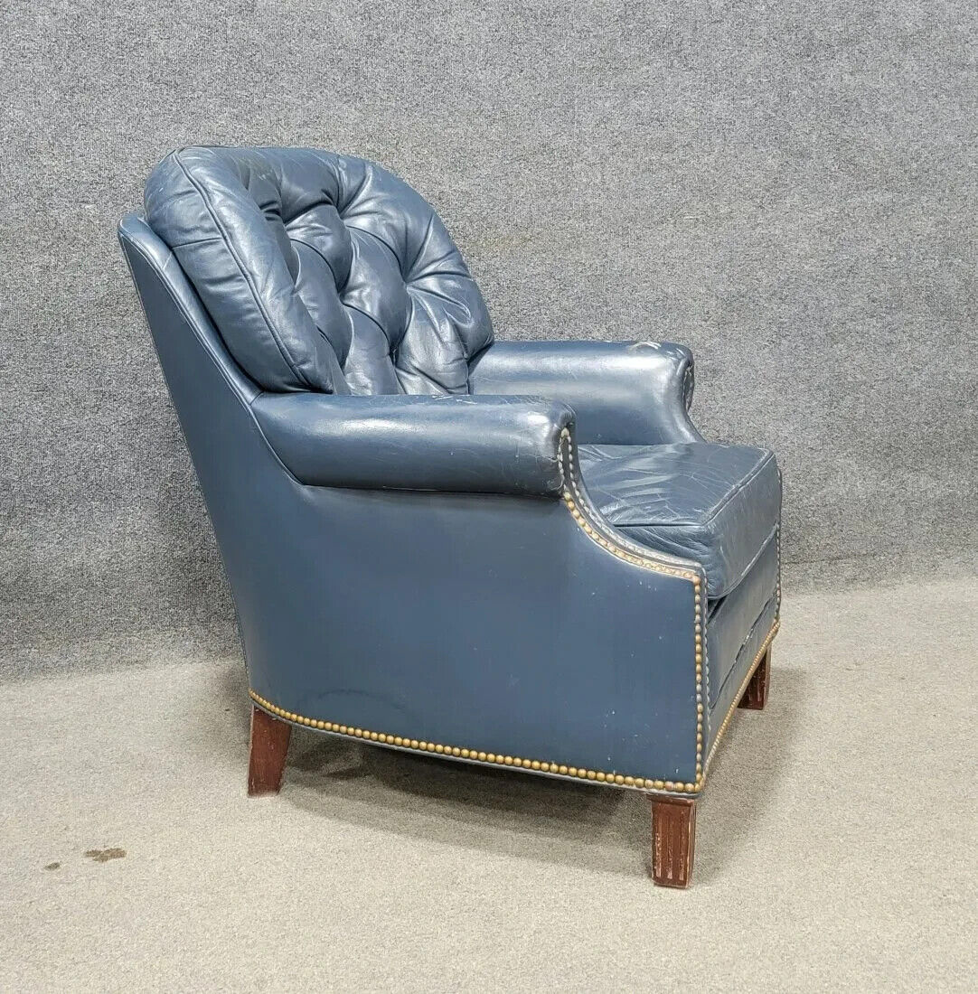 HANCOCK & MOORE Blue Tufted Leather Arm Chair with Brass Nailhead Trim