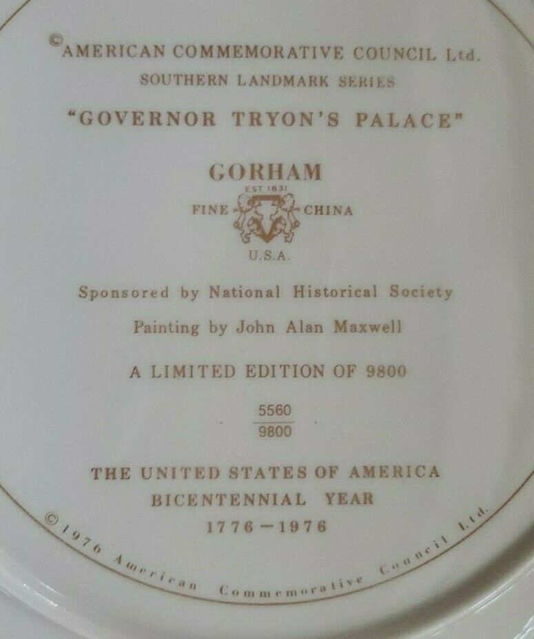 Gorham Collector Plate "Governor Tryon's Palace" Southern Landmark Series