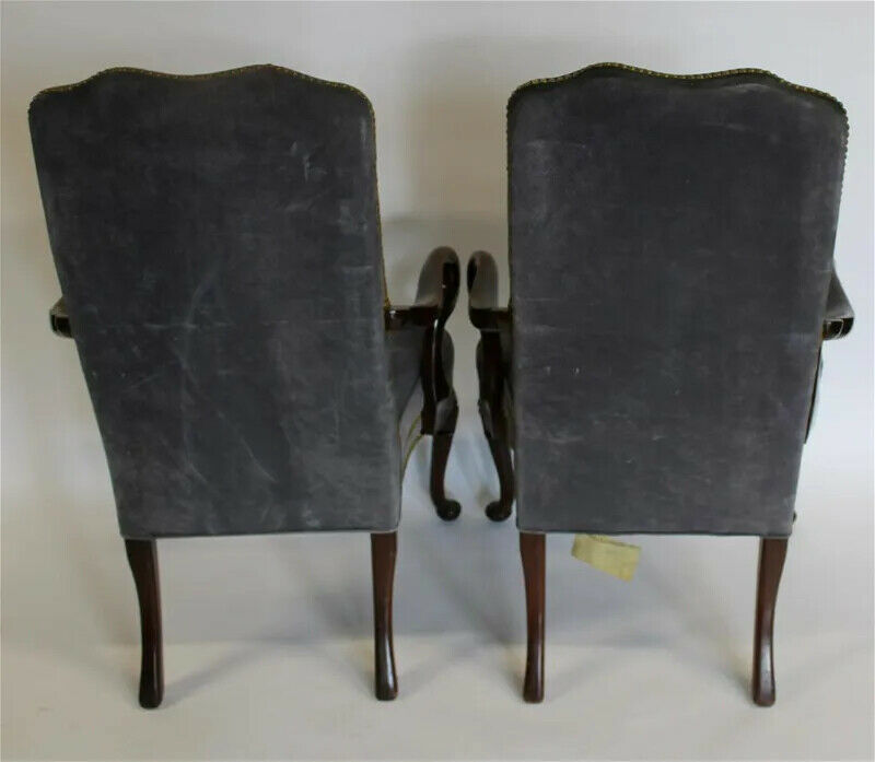 Pair HANCOCK & MOORE Mahogany Frame Gray Suede Leather Armchairs Nailhead Trim