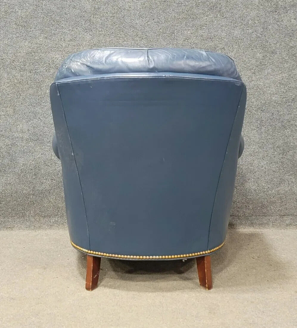 HANCOCK & MOORE Blue Tufted Leather Arm Chair with Brass Nailhead Trim