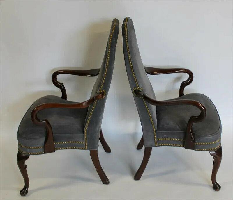 Pair HANCOCK & MOORE Mahogany Frame Gray Suede Leather Armchairs Nailhead Trim