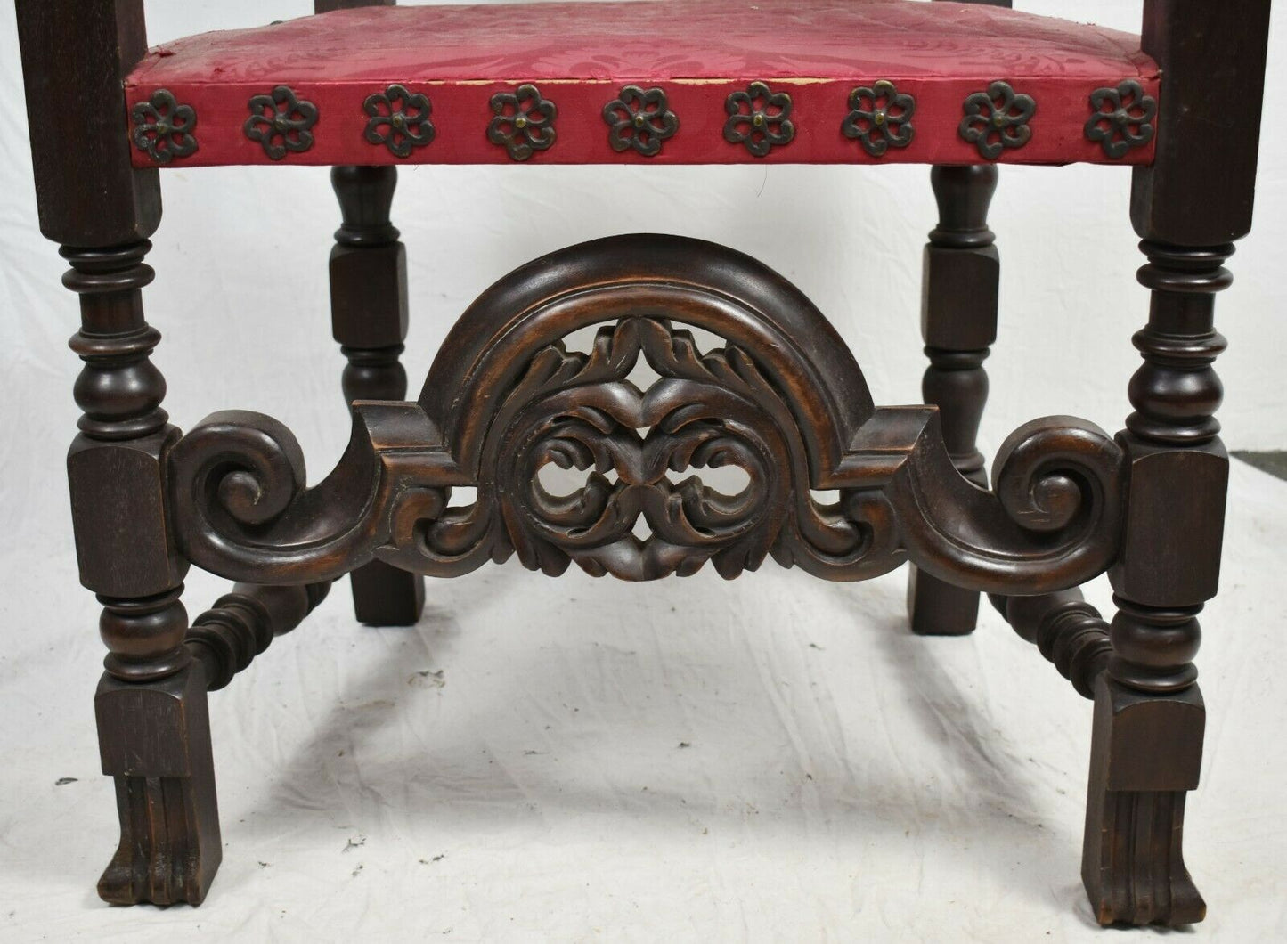 Antique William & Mary Mahogany Chair w. Spanish Feet Ornate Carvings Damask