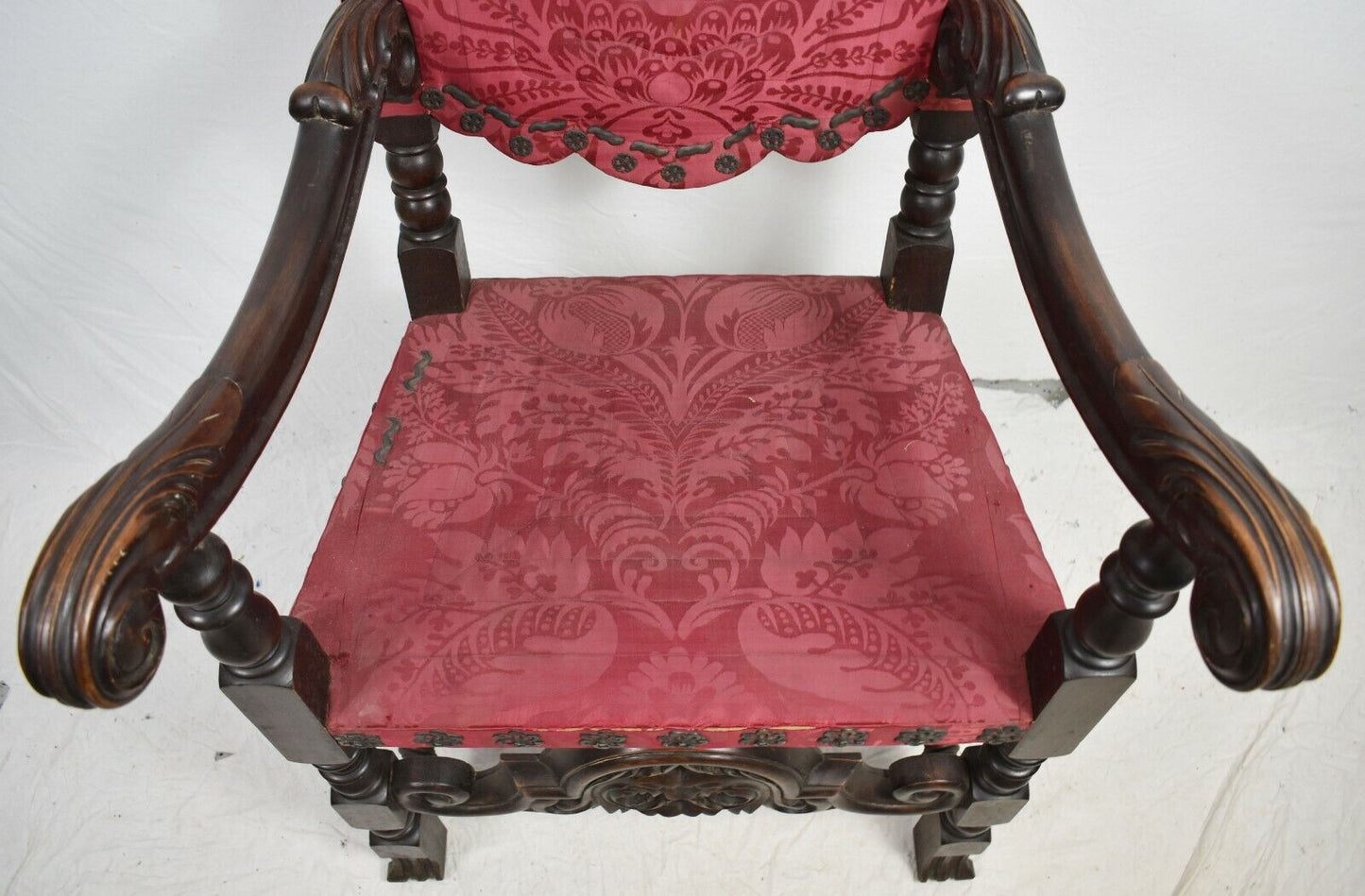 Antique William & Mary Mahogany Chair w. Spanish Feet Ornate Carvings Damask