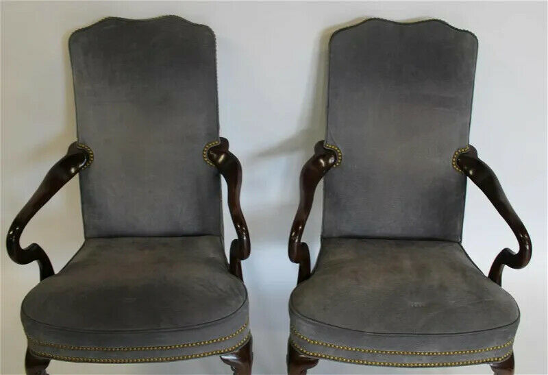 Pair HANCOCK & MOORE Mahogany Frame Gray Suede Leather Armchairs Nailhead Trim