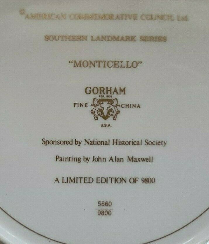 Gorham Collector Plate "Monticello" Southern Landmark Series Thomas Jefferson