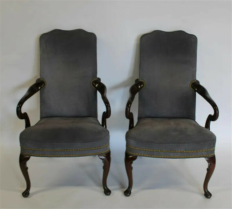 Pair HANCOCK & MOORE Mahogany Frame Gray Suede Leather Armchairs Nailhead Trim