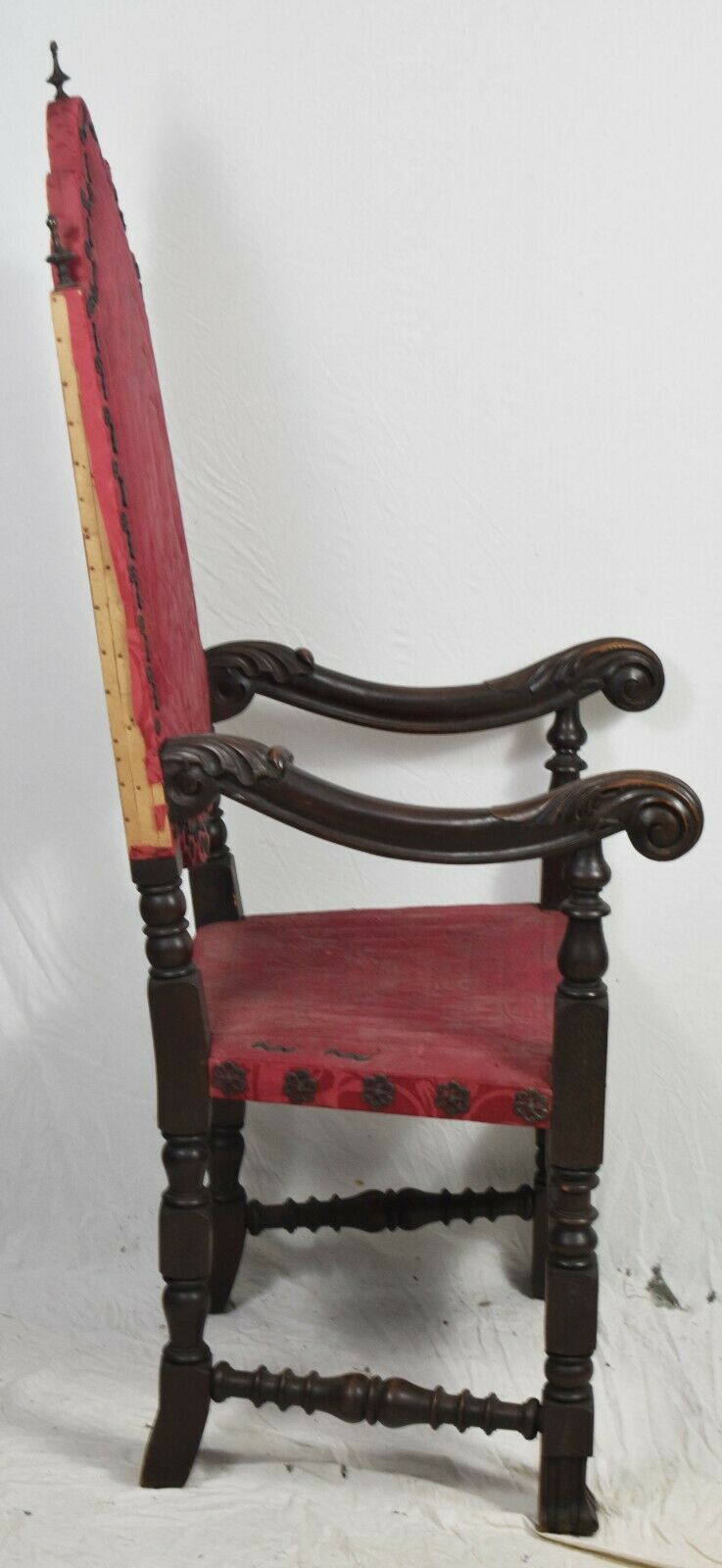 Antique William & Mary Mahogany Chair w. Spanish Feet Ornate Carvings Damask