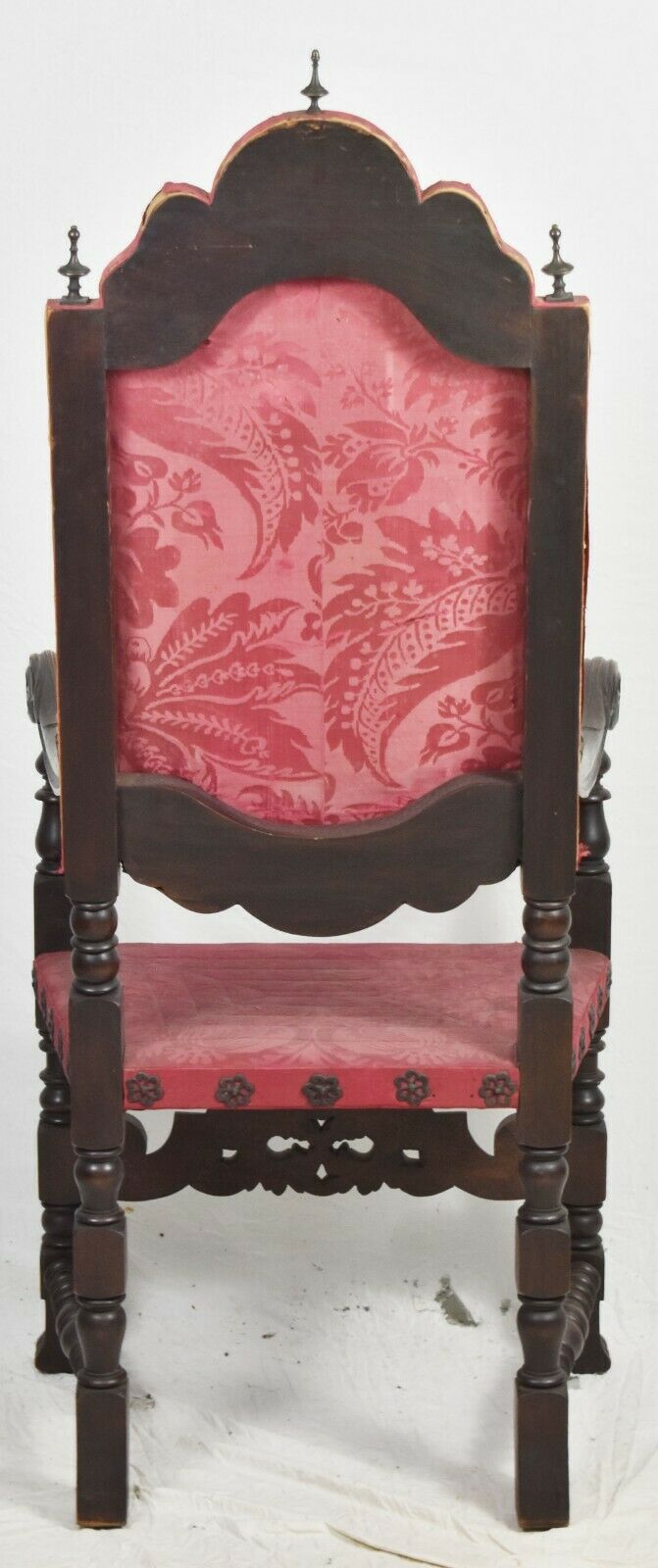 Antique William & Mary Mahogany Chair w. Spanish Feet Ornate Carvings Damask