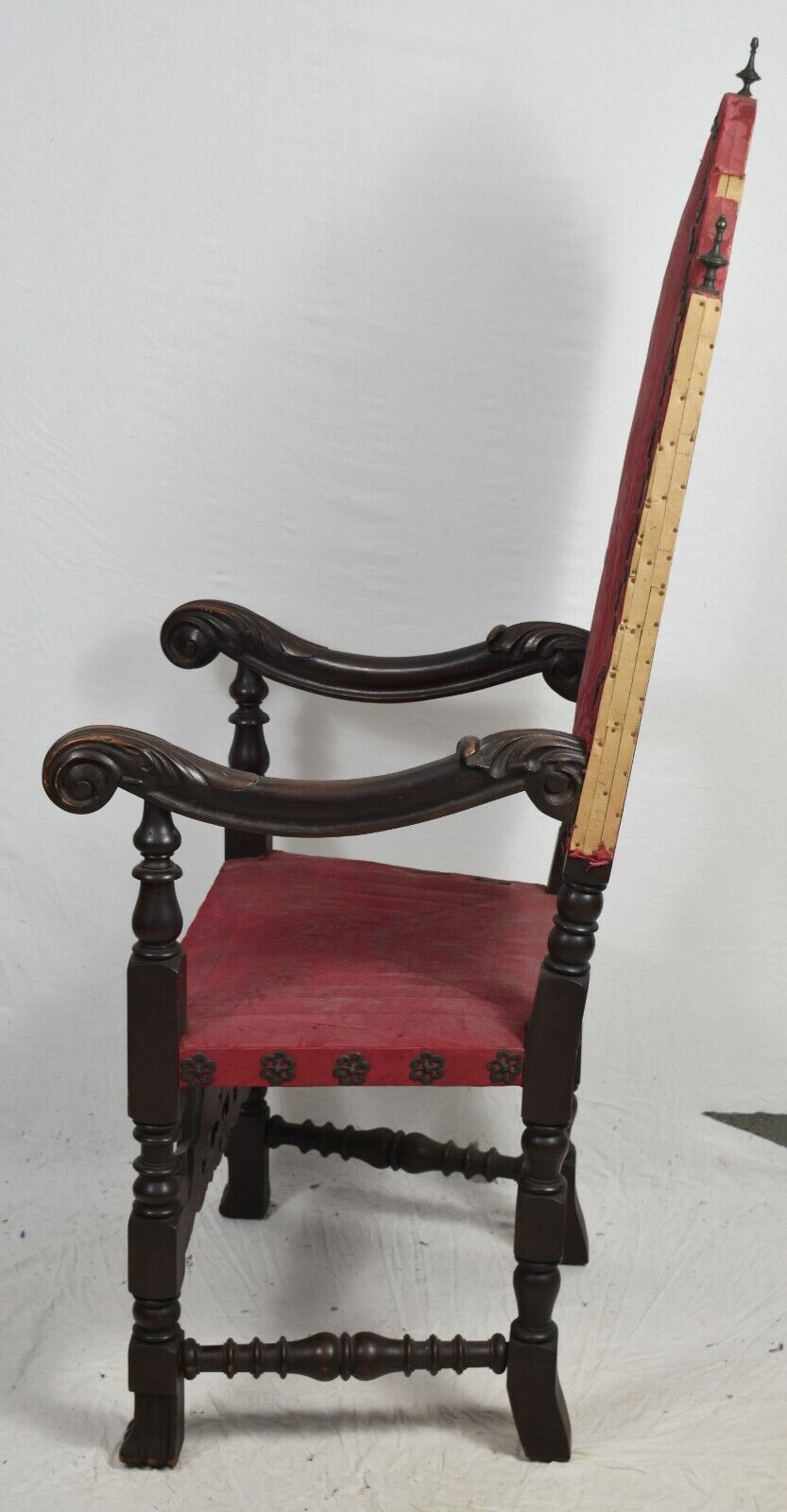 Antique William & Mary Mahogany Chair w. Spanish Feet Ornate Carvings Damask