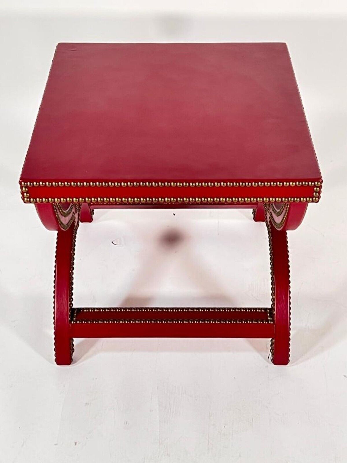 Baker Red Leather Covered Occasional Table with Brass Nail Head Trim Mid Century