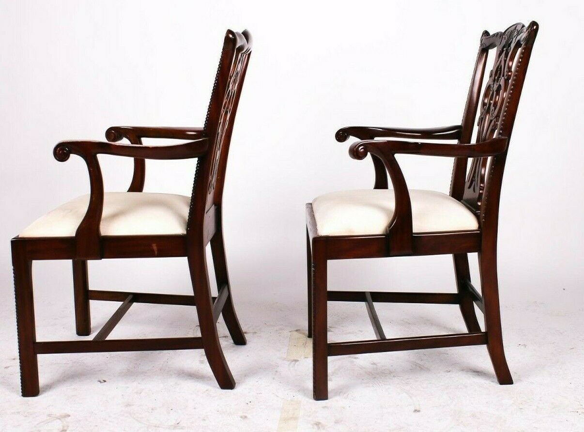 Pair Maitland Smith Mahogany Chippendale Dining Room Arm Chairs