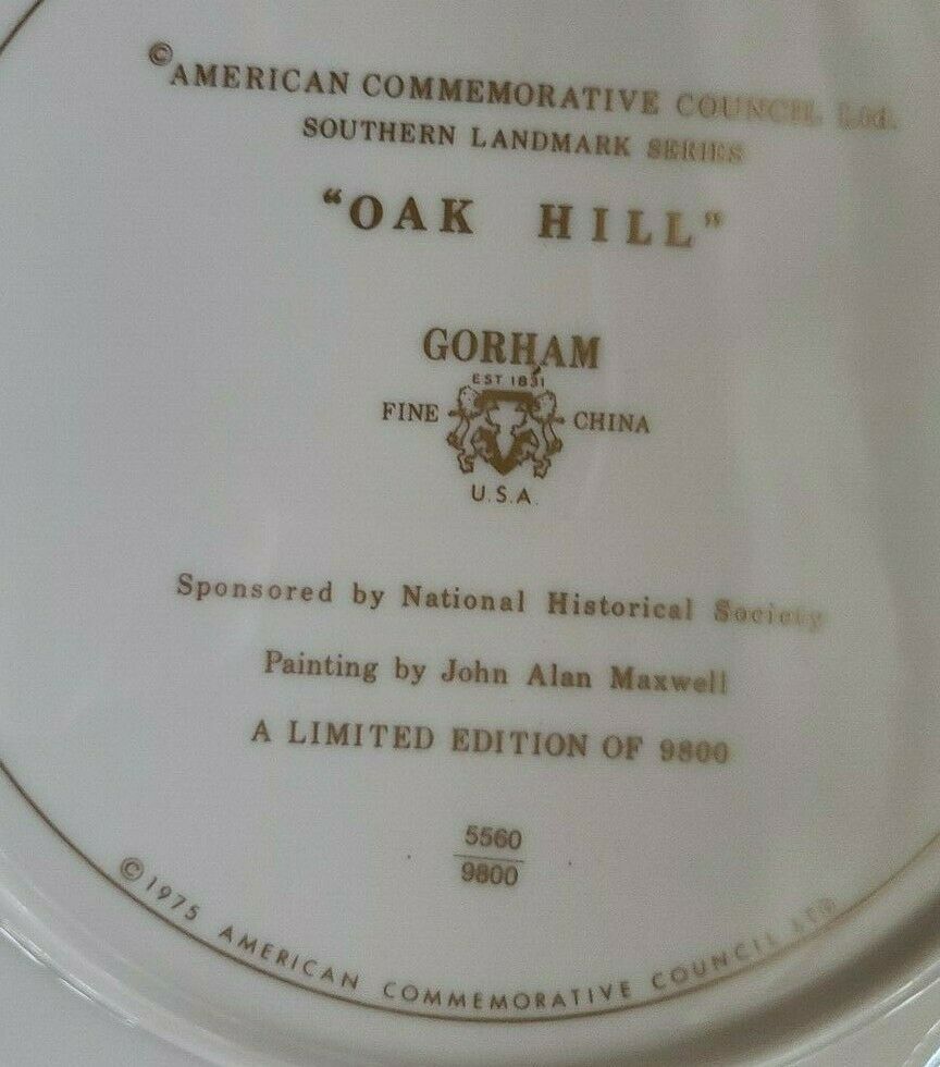 Gorham Collector Plate "Oak Hill" Southern Landmark Series James Monroe